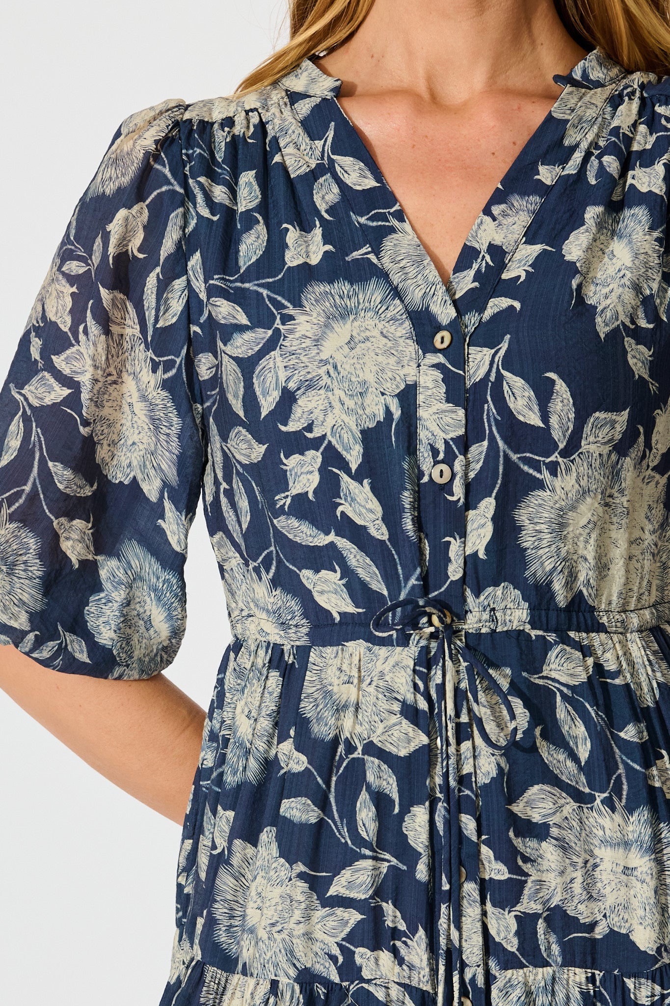 Messina Midi Dress in Navy with Cream Floral