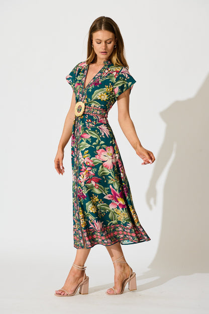 PRE ORDER Portofino Bloom Midi Dress in Green with Multi Floral