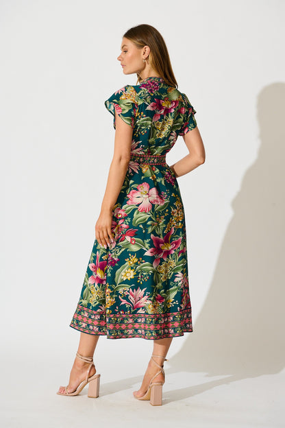 PRE ORDER Portofino Bloom Midi Dress in Green with Multi Floral