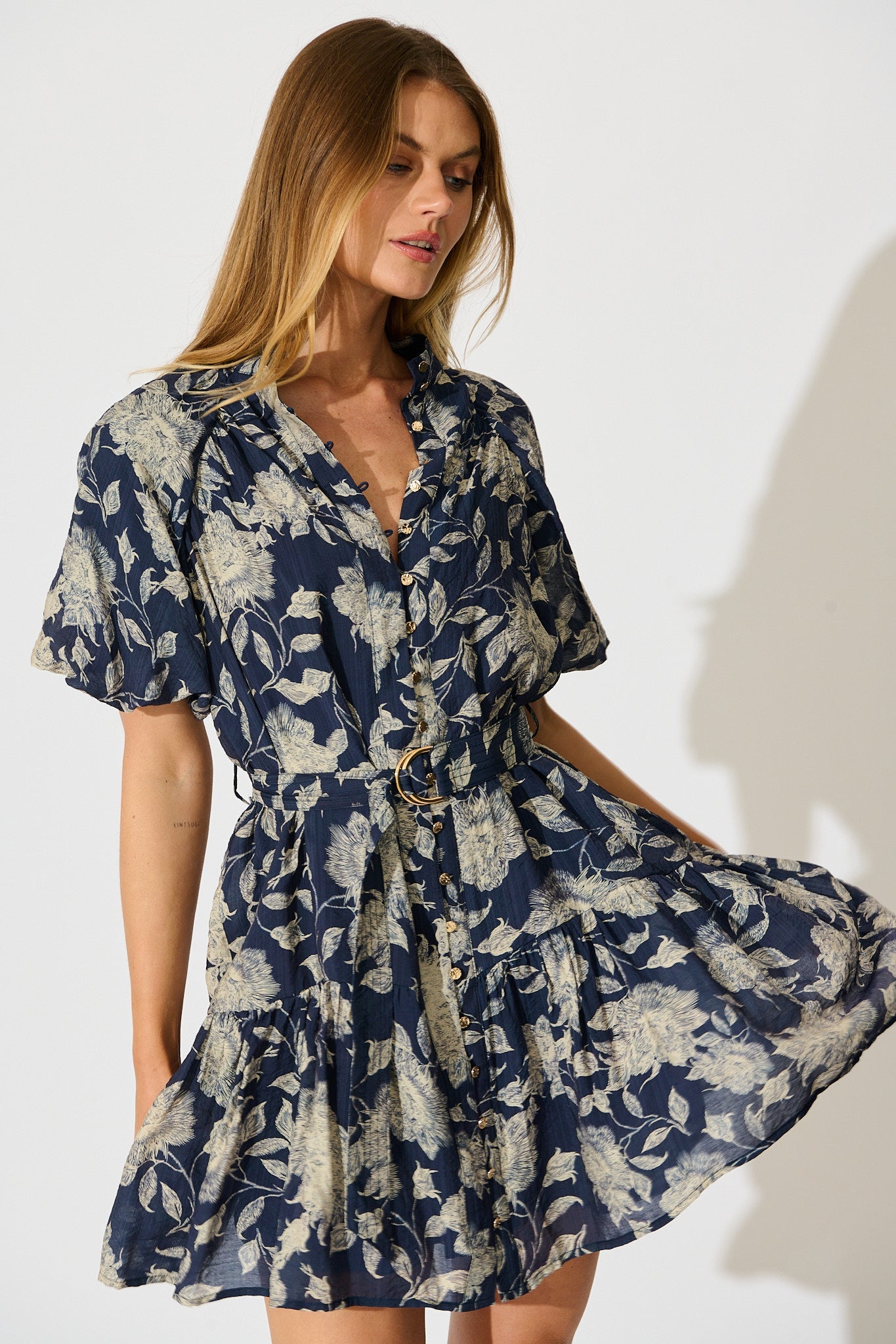 Enara Dress in Navy with Cream Floral