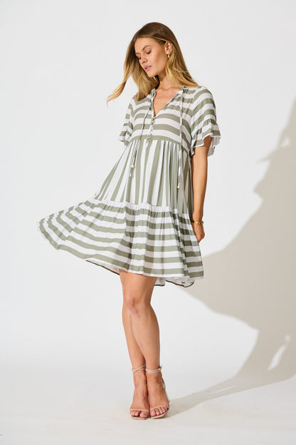 Northcote Smock Dress in Green with White Stripe