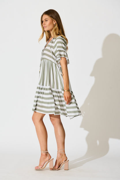 Northcote Smock Dress in Green with White Stripe