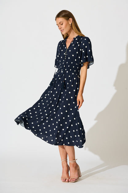 Noree Midi Dress in Navy with White Polka Dot