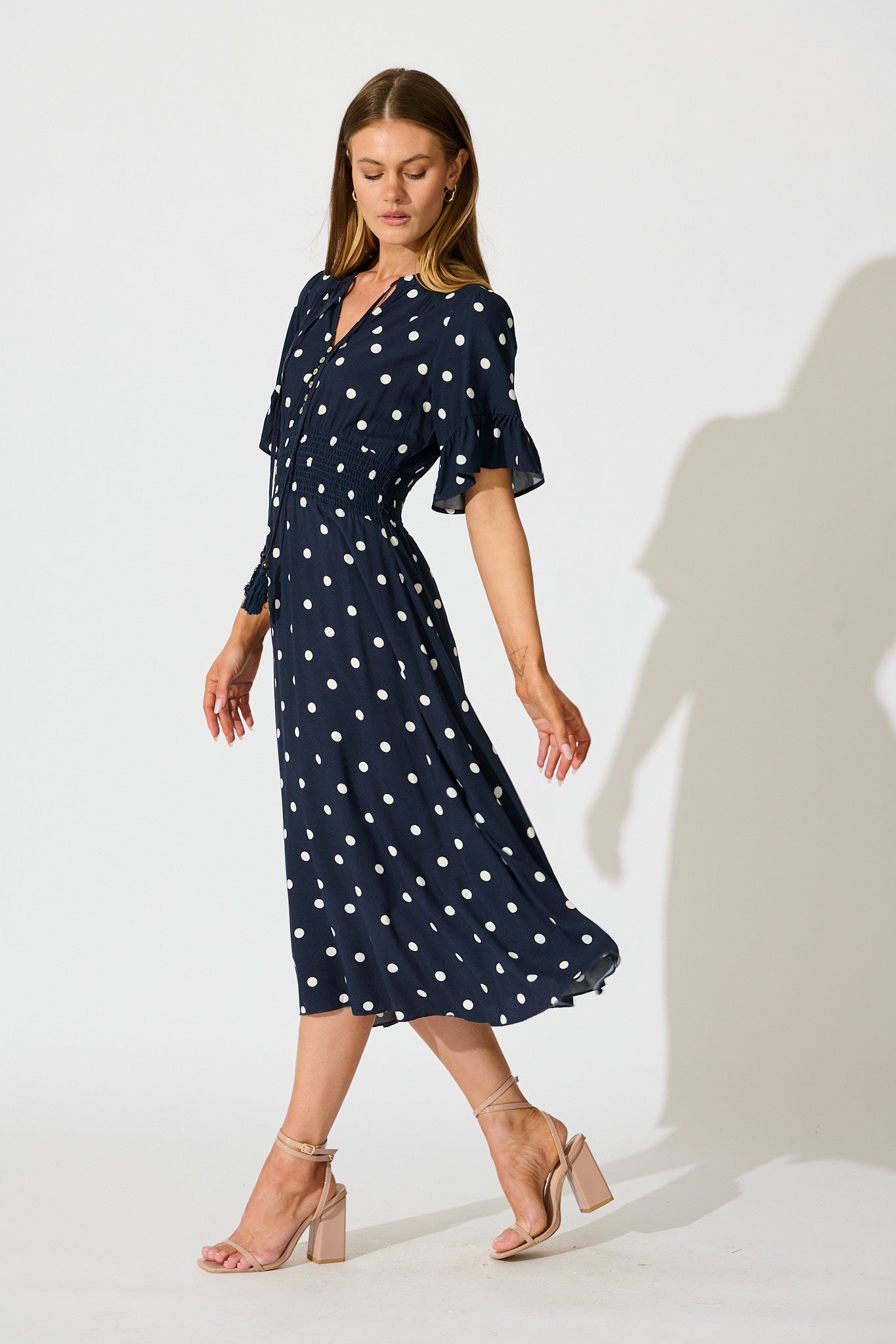 Noree Midi Dress in Navy with White Polka Dot