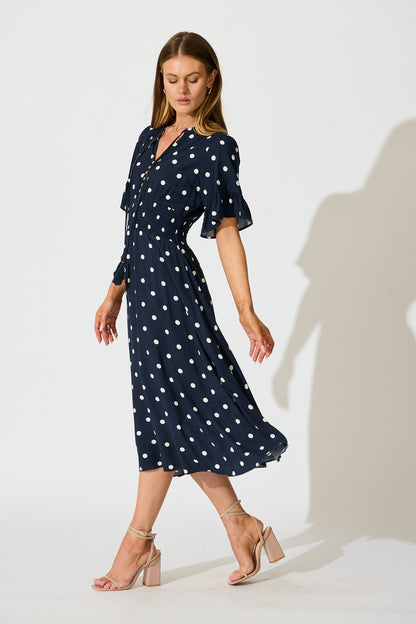 Noree Midi Dress in Navy with White Polka Dot