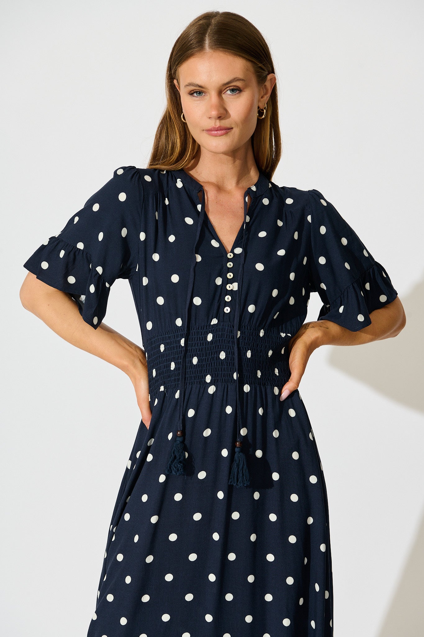 Noree Midi Dress in Navy with White Polka Dot