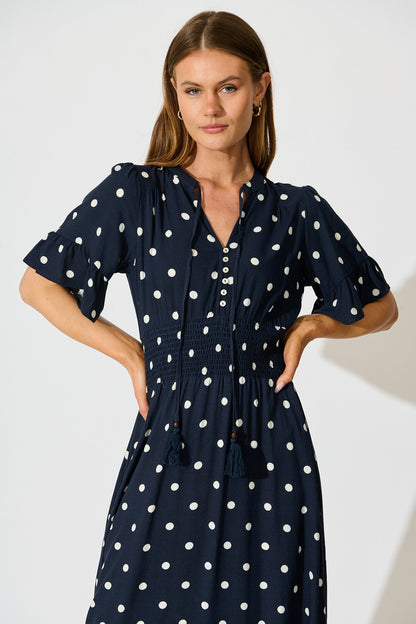 Noree Midi Dress in Navy with White Polka Dot