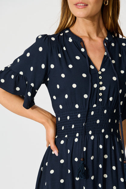Noree Midi Dress in Navy with White Polka Dot