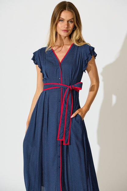 Inara Midi Dress in Navy with Polka Dot