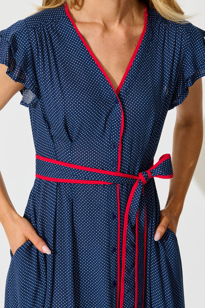 Inara Midi Dress in Navy with Polka Dot