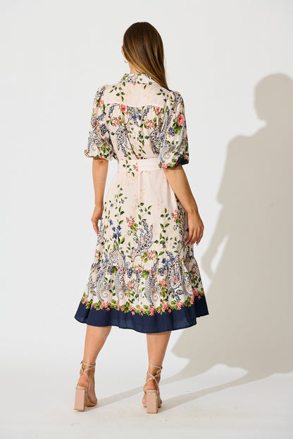 Kaia Midi Shirt Dress in Cream with Navy Floral