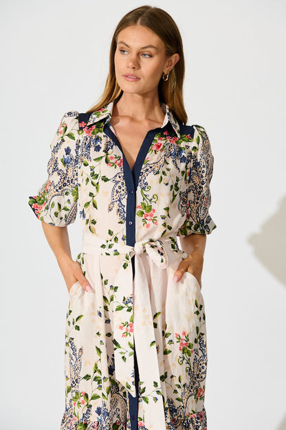 Kaia Midi Shirt Dress in Cream with Navy Floral