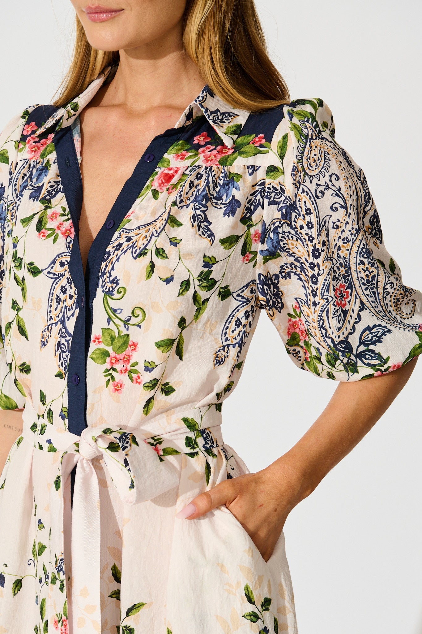 Kaia Midi Shirt Dress in Cream with Navy Floral