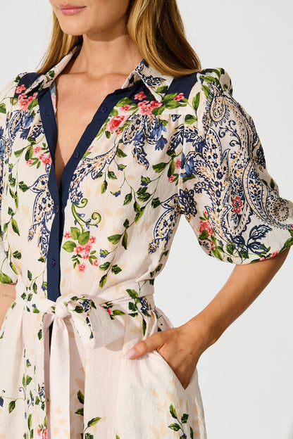 Kaia Midi Shirt Dress in Cream with Navy Floral