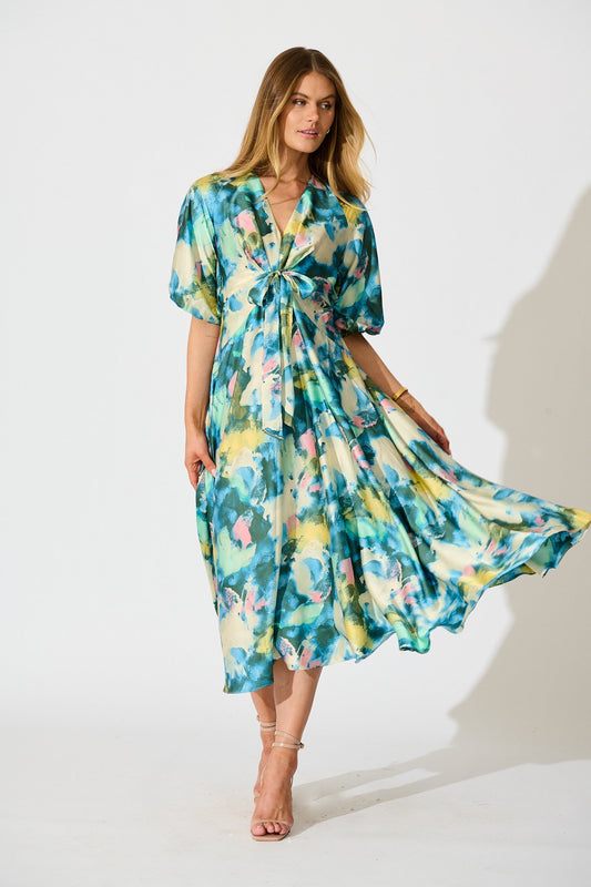 Iris Belle Maxi Dress in Blue Multi Watercolour Satin