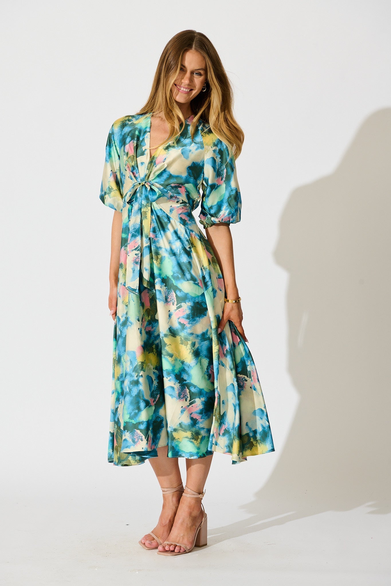 Iris Belle Maxi Dress in Blue Multi Watercolour Satin