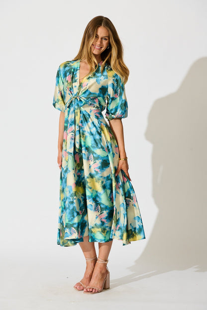 Iris Belle Maxi Dress in Blue Multi Watercolour Satin