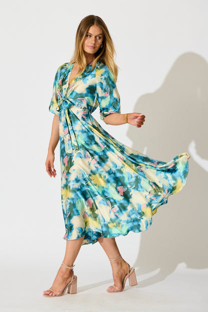 Iris Belle Maxi Dress in Blue Multi Watercolour Satin