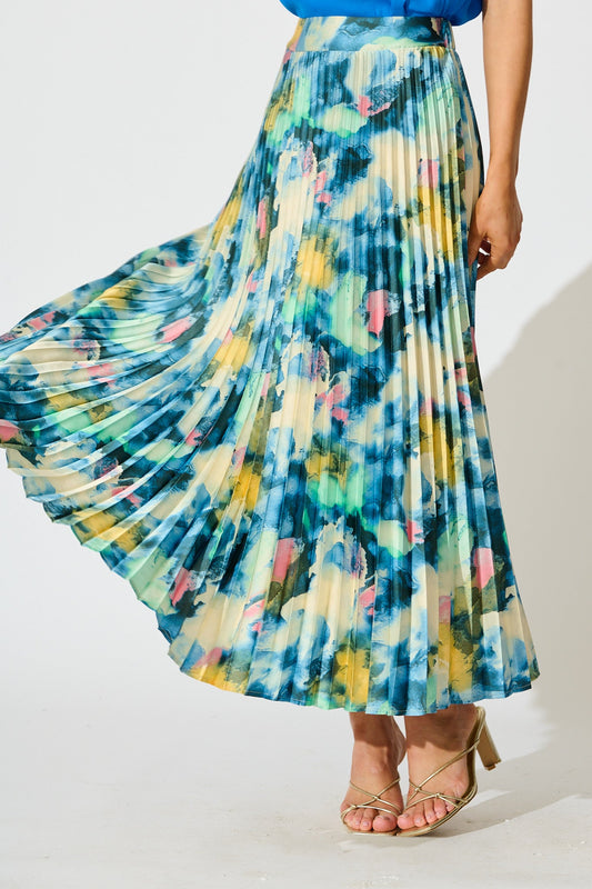 Allison Midi Pleat Skirt in Blue Multi Watercolour Satin