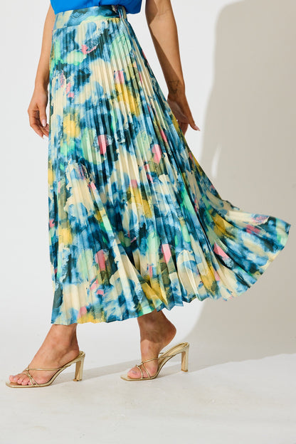 Allison Midi Pleat Skirt in Blue Multi Watercolour Satin