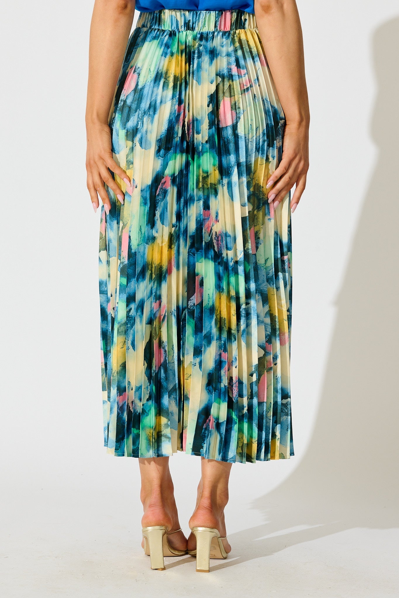 Allison Midi Pleat Skirt in Blue Multi Watercolour Satin