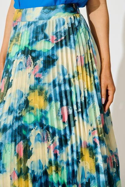 Allison Midi Pleat Skirt in Blue Multi Watercolour Satin