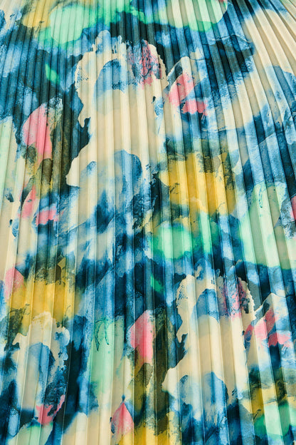 Allison Midi Pleat Skirt in Blue Multi Watercolour Satin