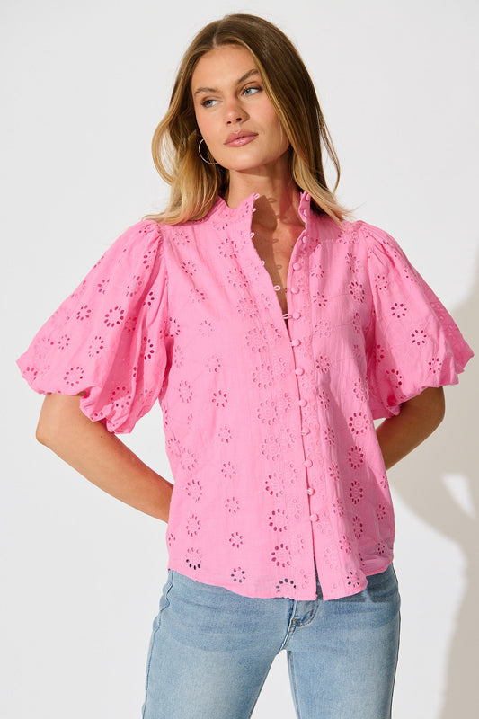 Krizza Top In Pink Embroidered Cotton
