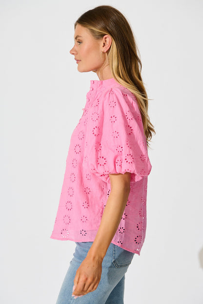 Krizza Top In Pink Embroidered Cotton