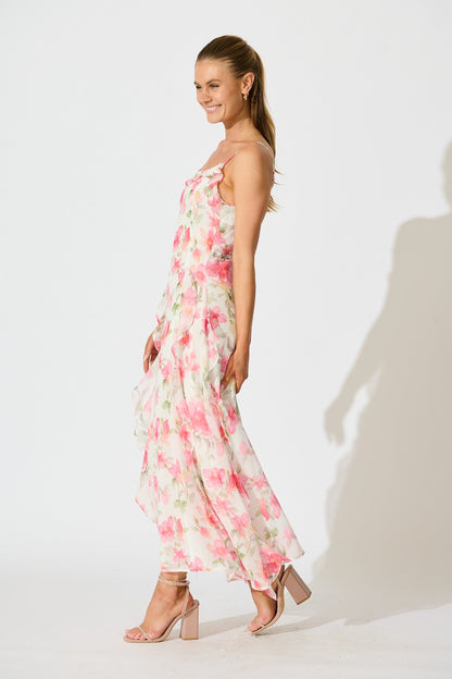 Song Of Bloom Maxi Dress in White with Pink Floral