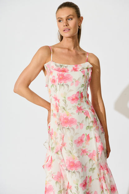 Song Of Bloom Maxi Dress in White with Pink Floral