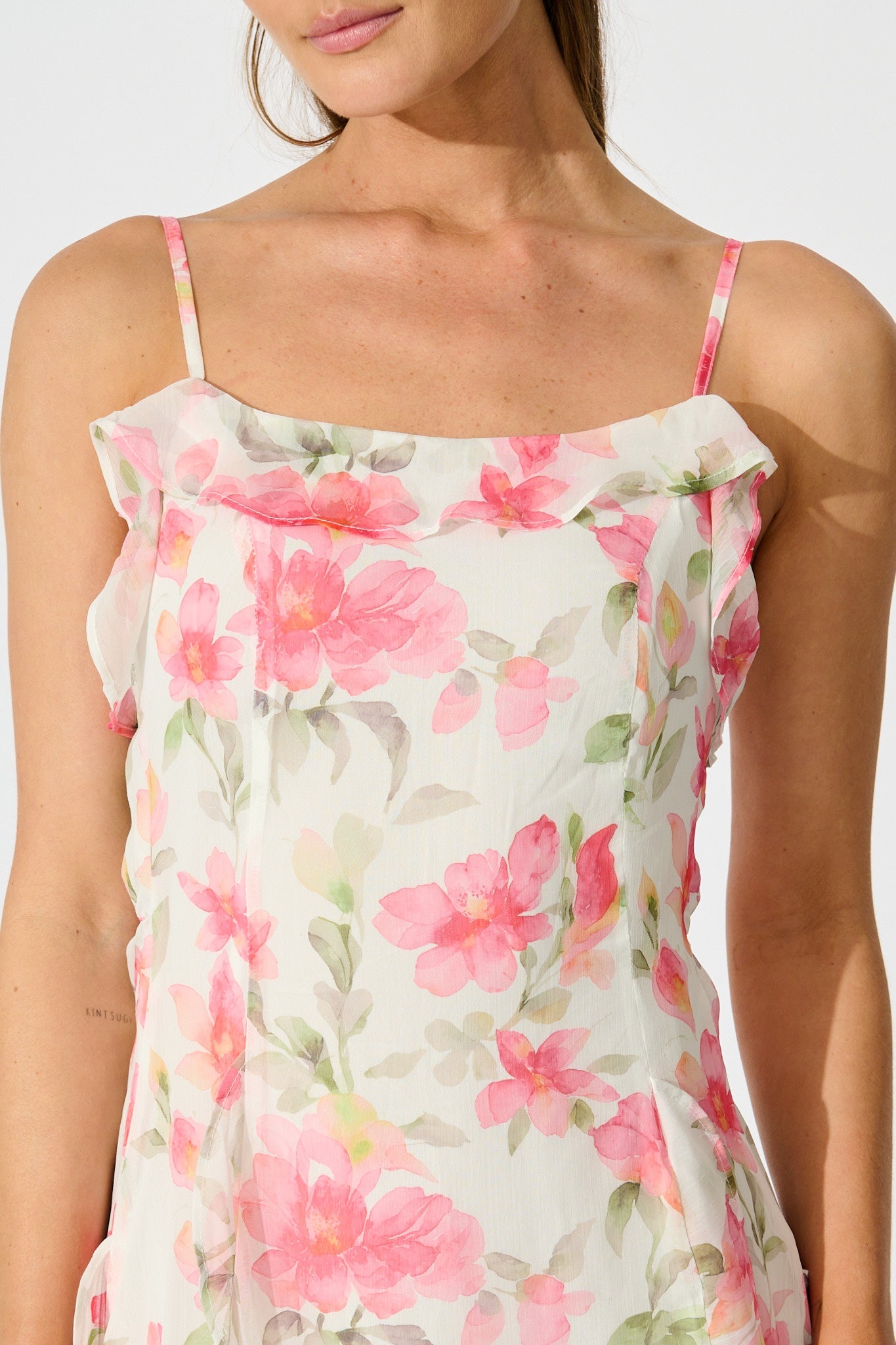 Song Of Bloom Maxi Dress in White with Pink Floral