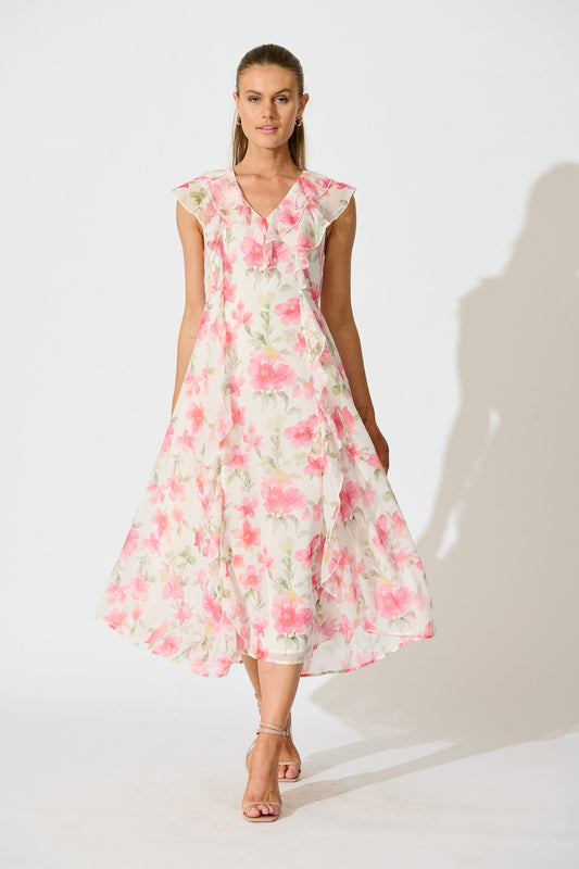 Flora Belle Midi Dress in White with Pink Floral
