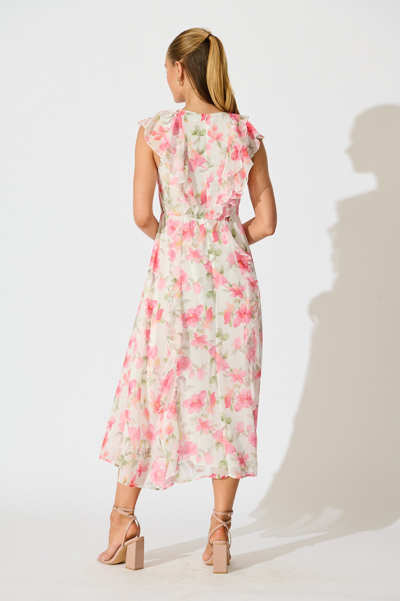 Flora Belle Midi Dress in White with Pink Floral