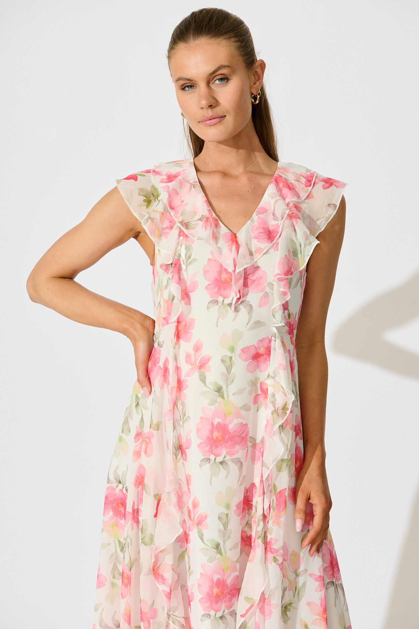 Flora Belle Midi Dress in White with Pink Floral