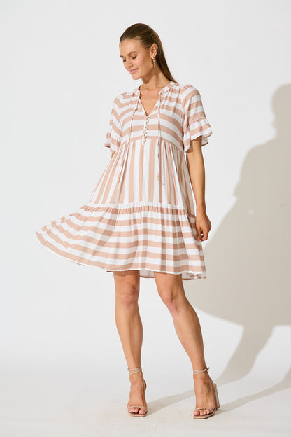 Northcote Smock Dress in in Brown with White Stripe