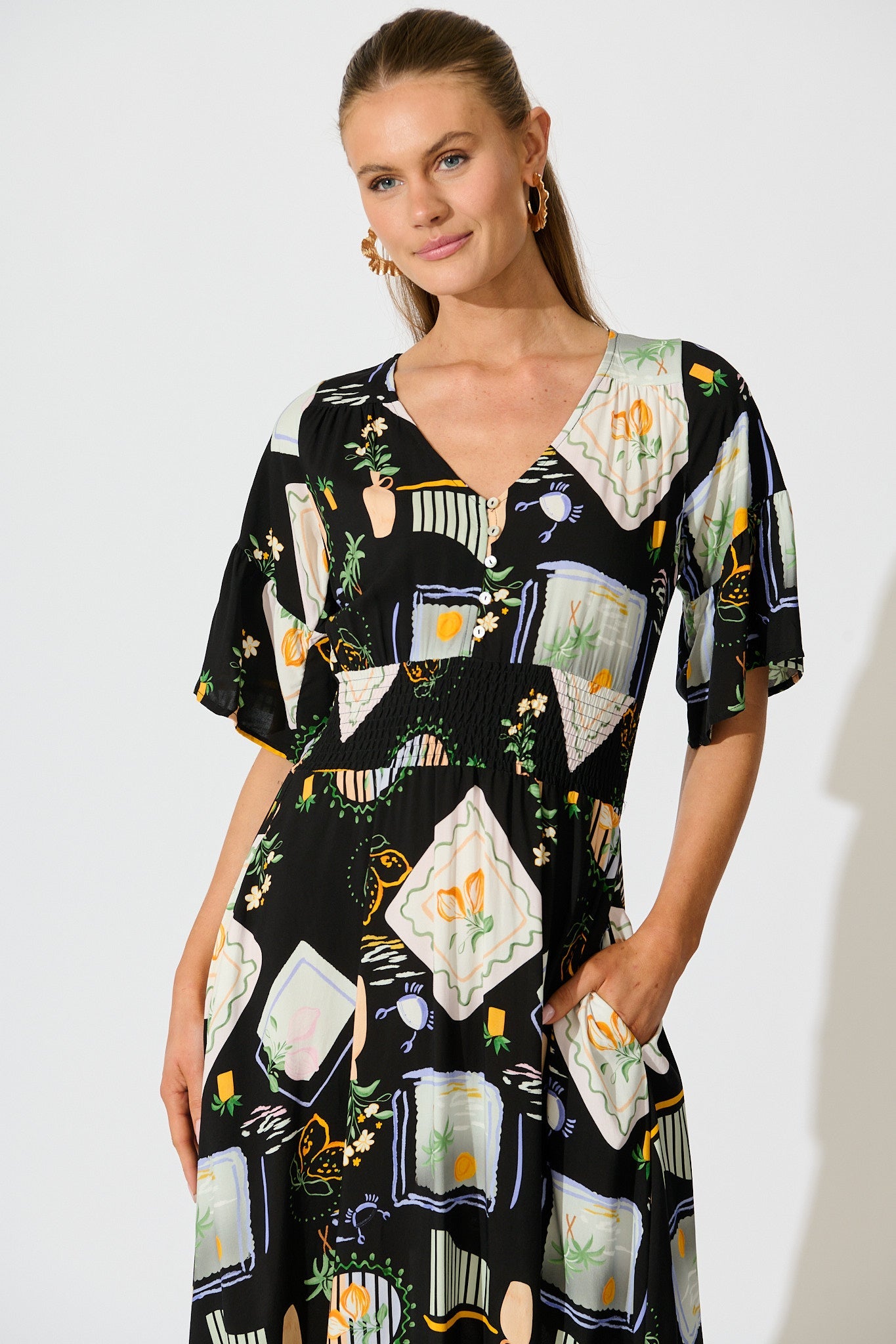 Eloa Midi Dress in Black with Multi Print