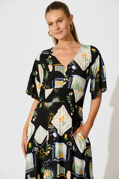 Eloa Midi Dress in Black with Multi Print