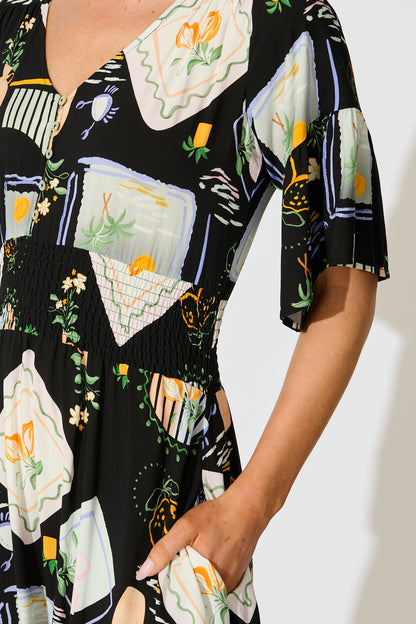 Eloa Midi Dress in Black with Multi Print