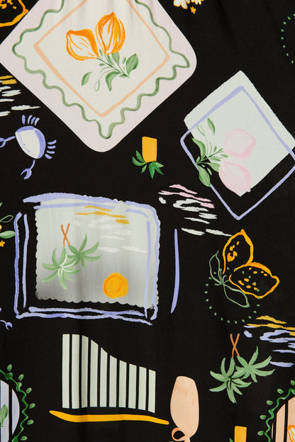 Eloa Midi Dress in Black with Multi Print