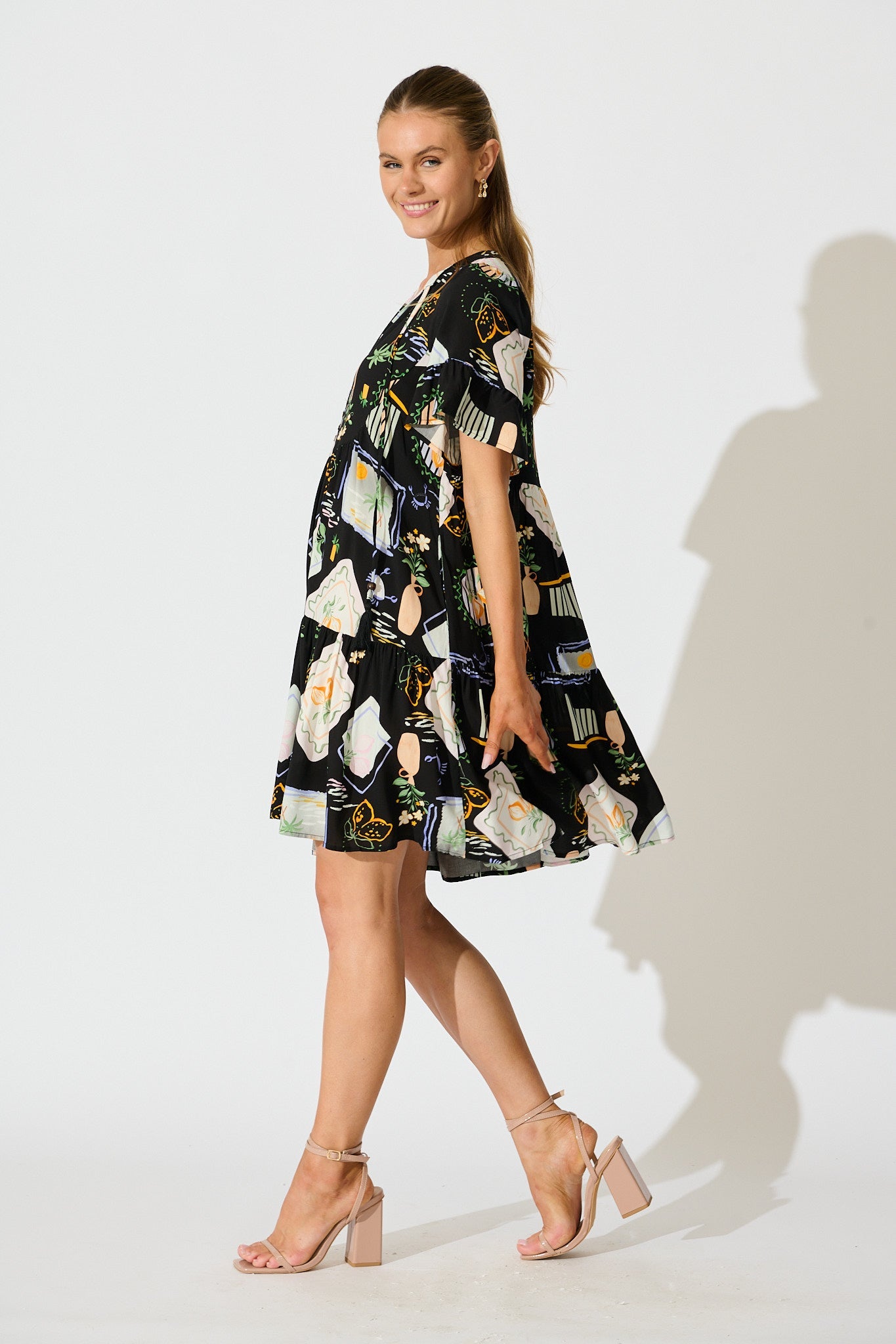 Hadara Smock Dress in Black with Multi Print