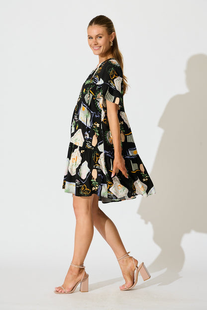 Hadara Smock Dress in Black with Multi Print