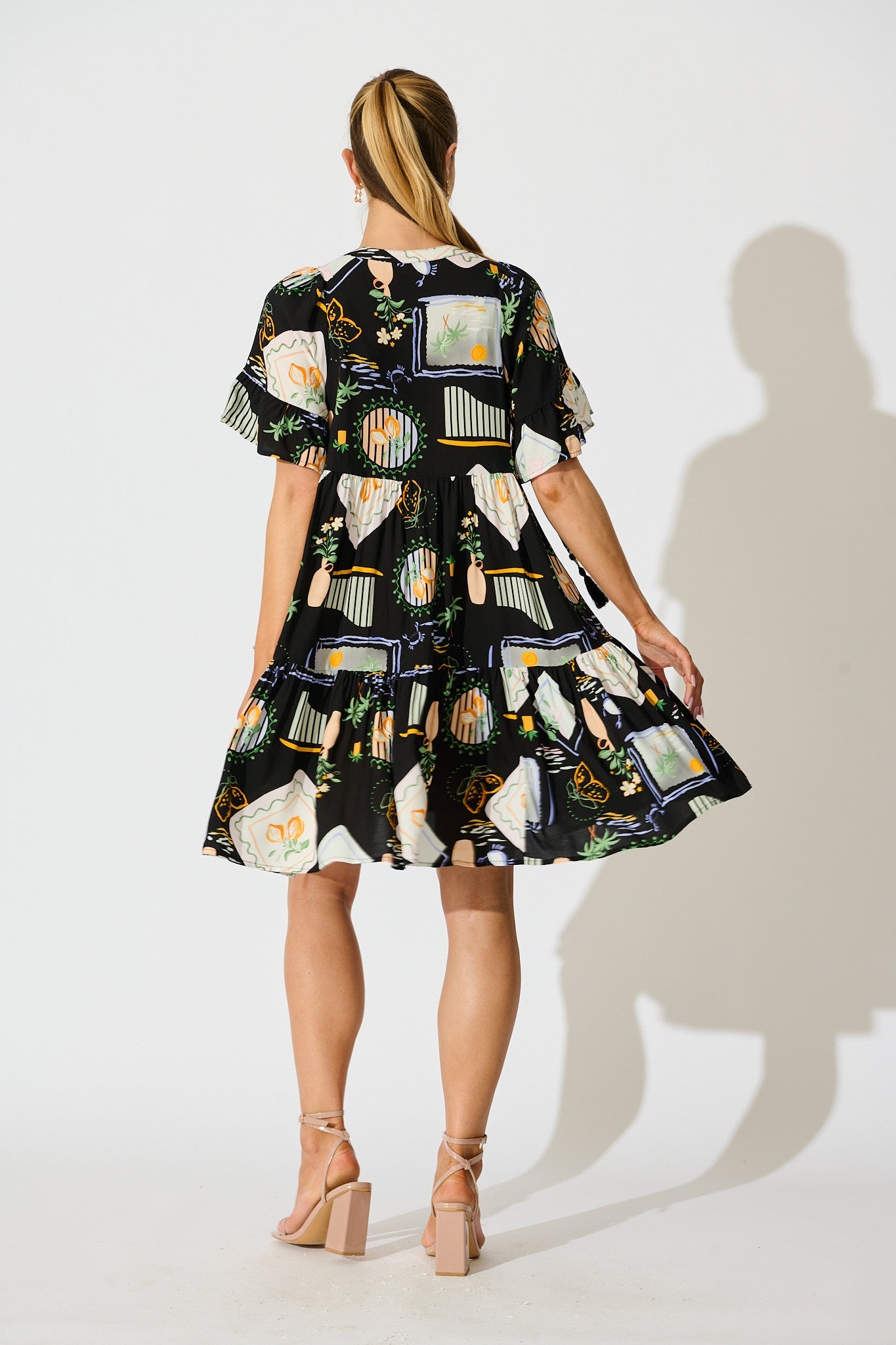 Hadara Smock Dress in Black with Multi Print
