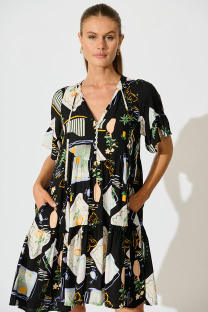 Hadara Smock Dress in Black with Multi Print