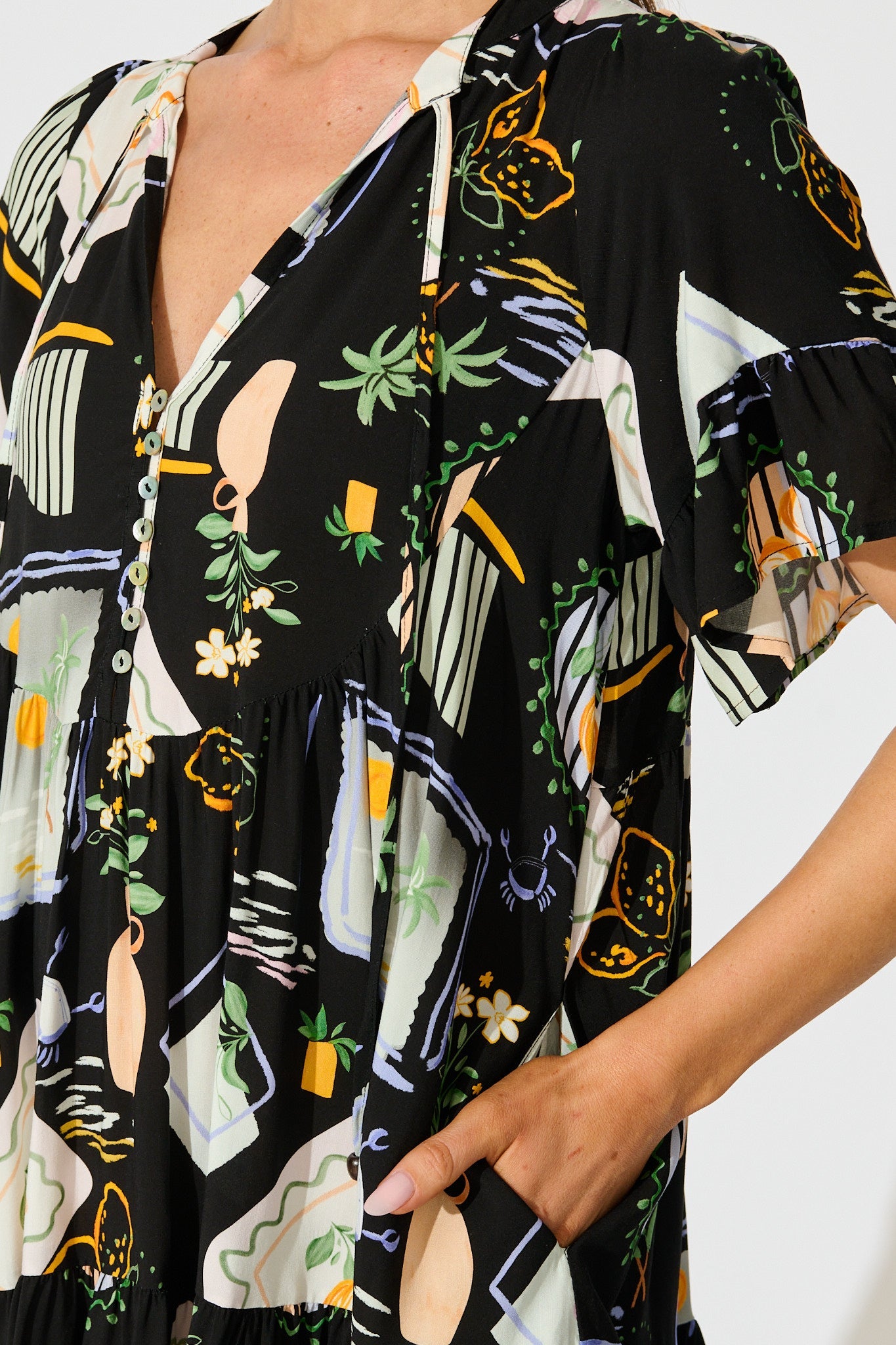 Hadara Smock Dress in Black with Multi Print