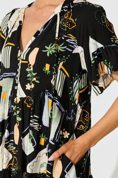 Hadara Smock Dress in Black with Multi Print