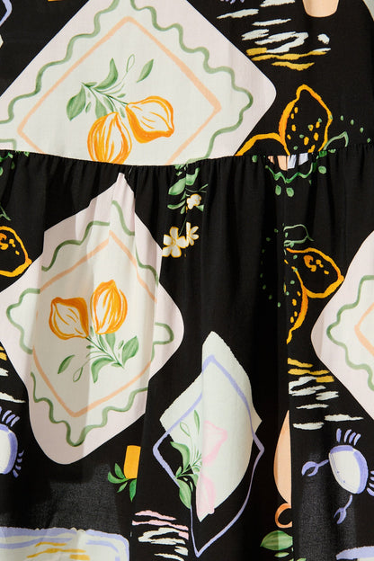 Hadara Smock Dress in Black with Multi Print