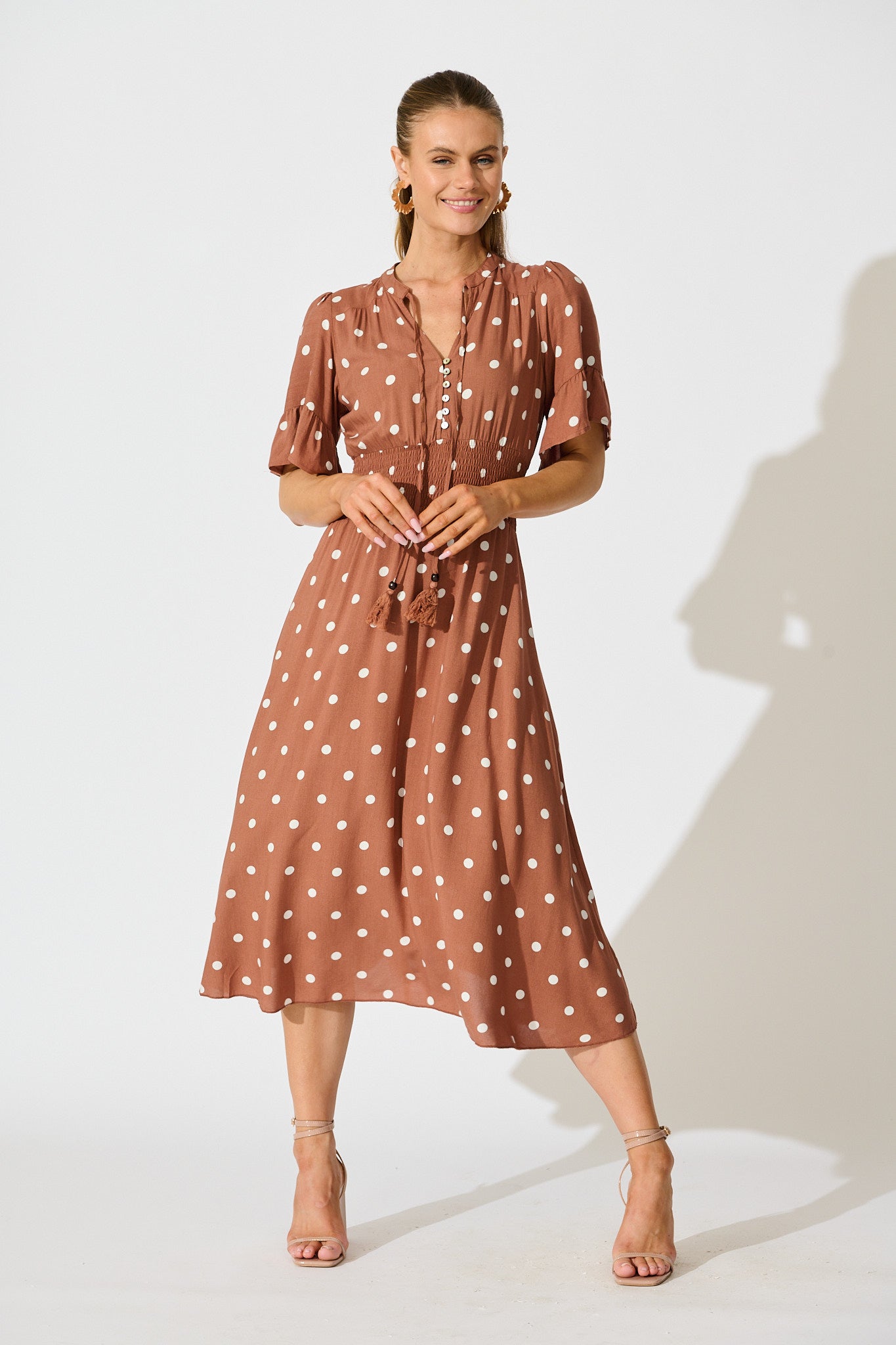 Noree Midi Dress in Brown with White Polka Dot