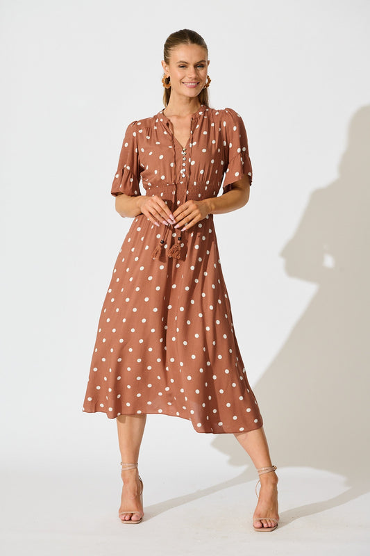 Noree Midi Dress in Brown with White Polka Dot