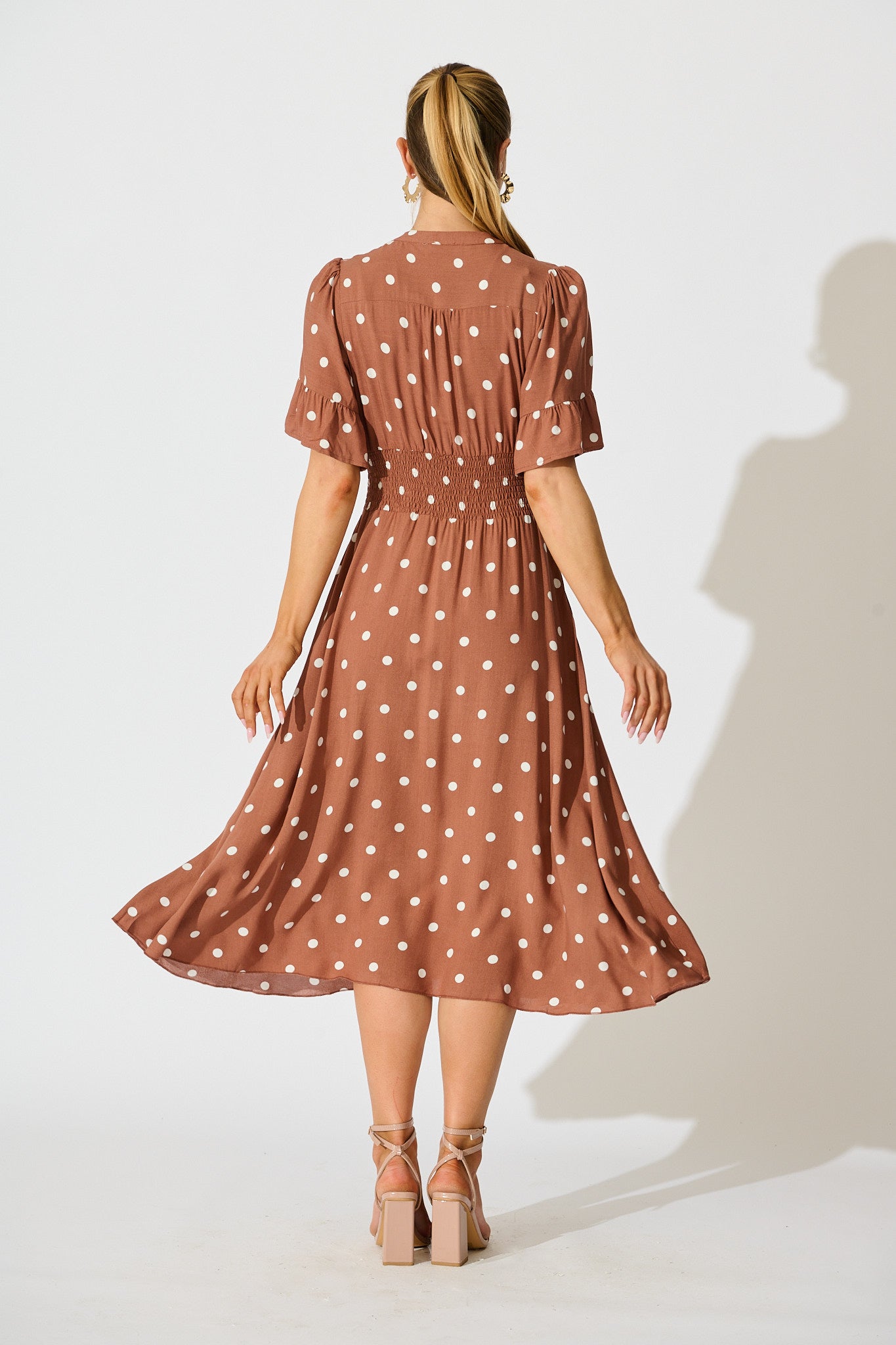 Noree Midi Dress in Brown with White Polka Dot